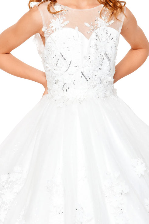 Little Girls Off White 3D Floral Applique Lace Sequin Flower Girl Dress 2-6